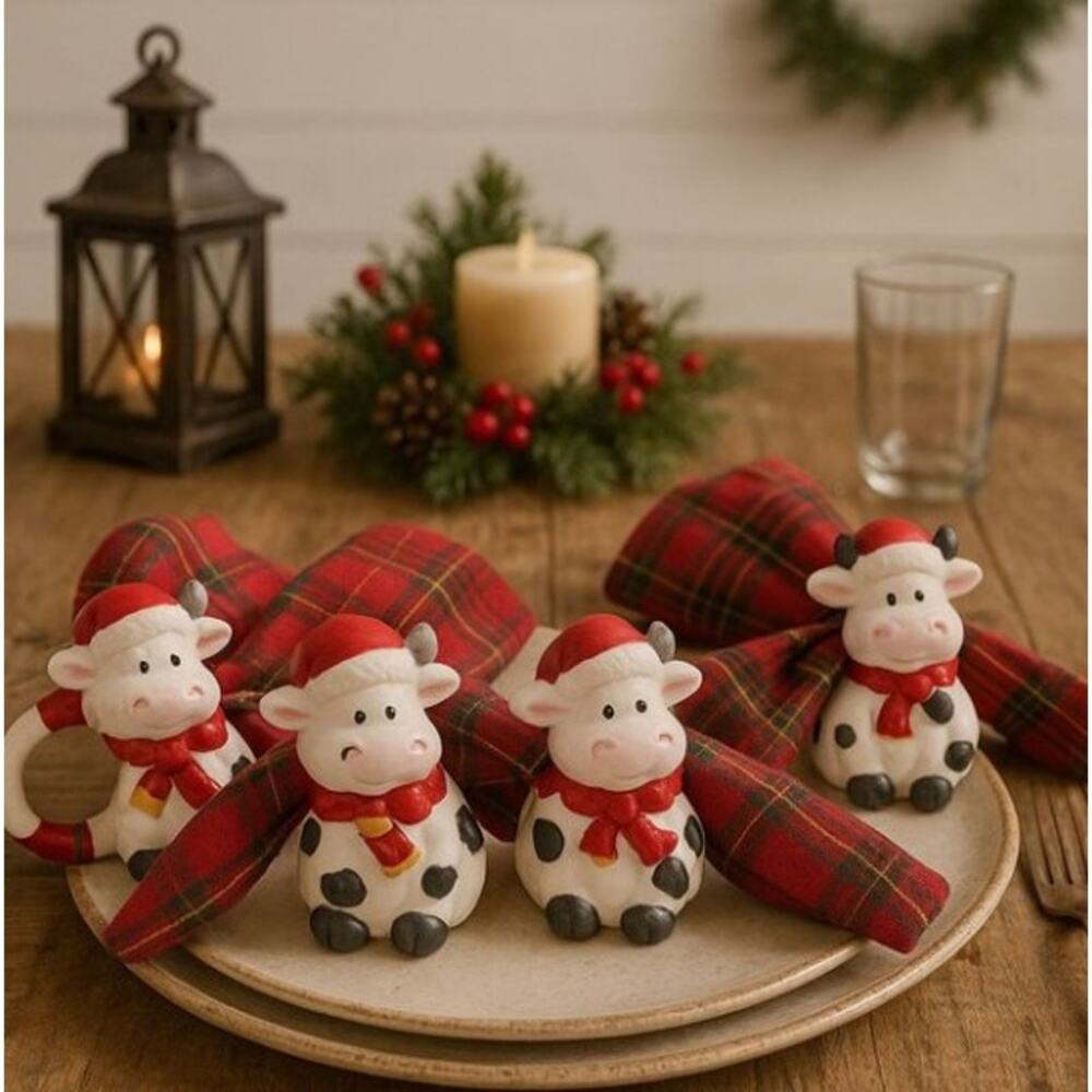 Set of 4 Santa Cow Christmas Napkin Rings holiday dining decorations farmhouse